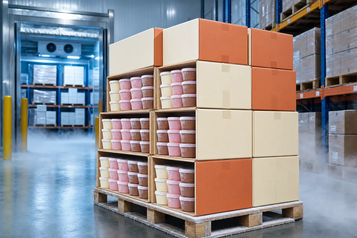 Stacked cases of ice cream on a wholesale shipping pallet in cold storage